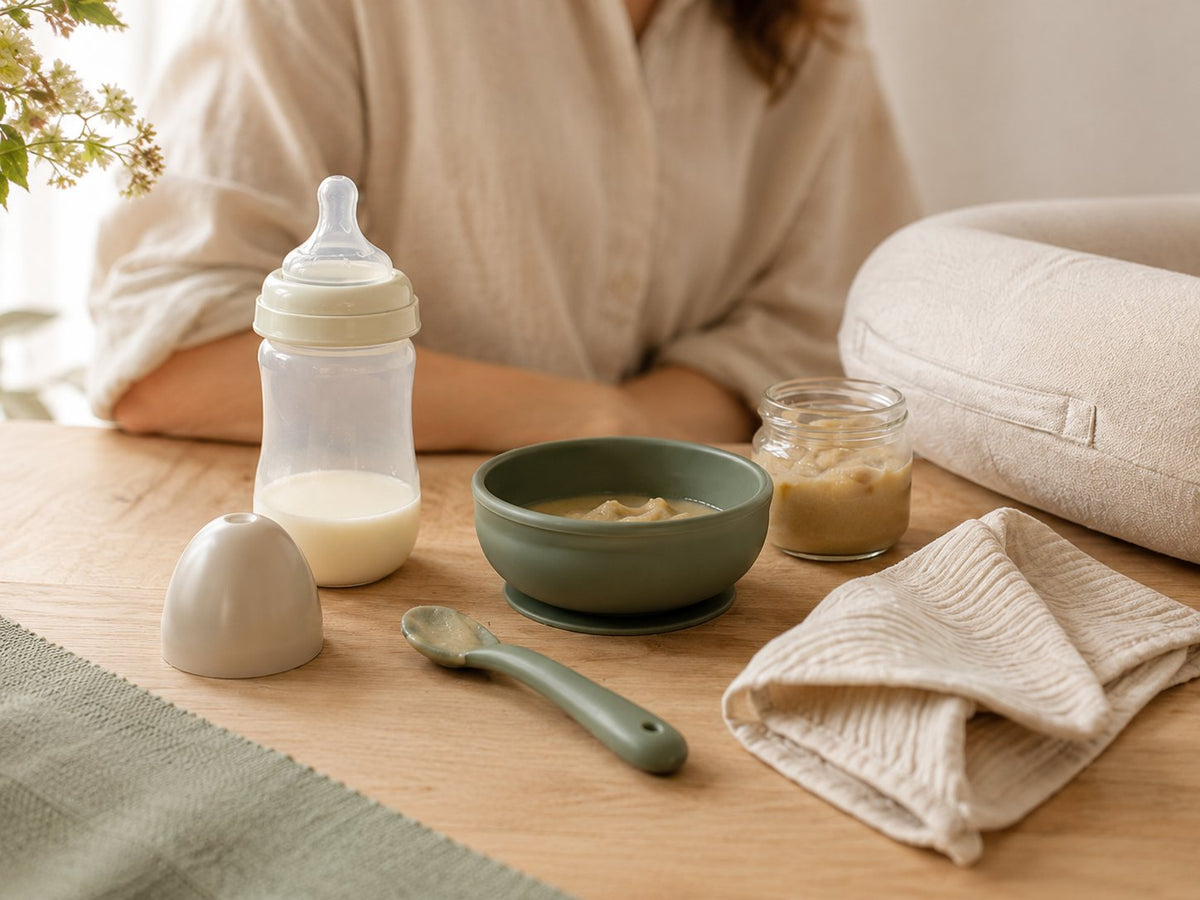 Biberon, bol de purée et cuillère en silicone posés sur une table en bois clair pour le repas de bébé
