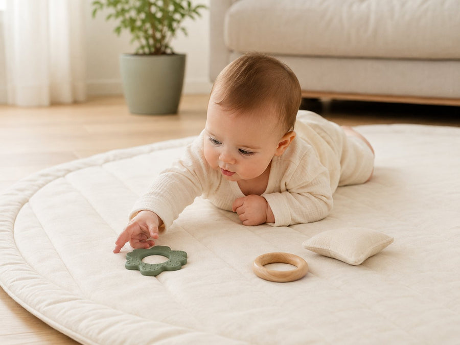 Bébé sur le ventre sur un tapis d'éveil attrape un anneau de dentition, univers éveil et jeu