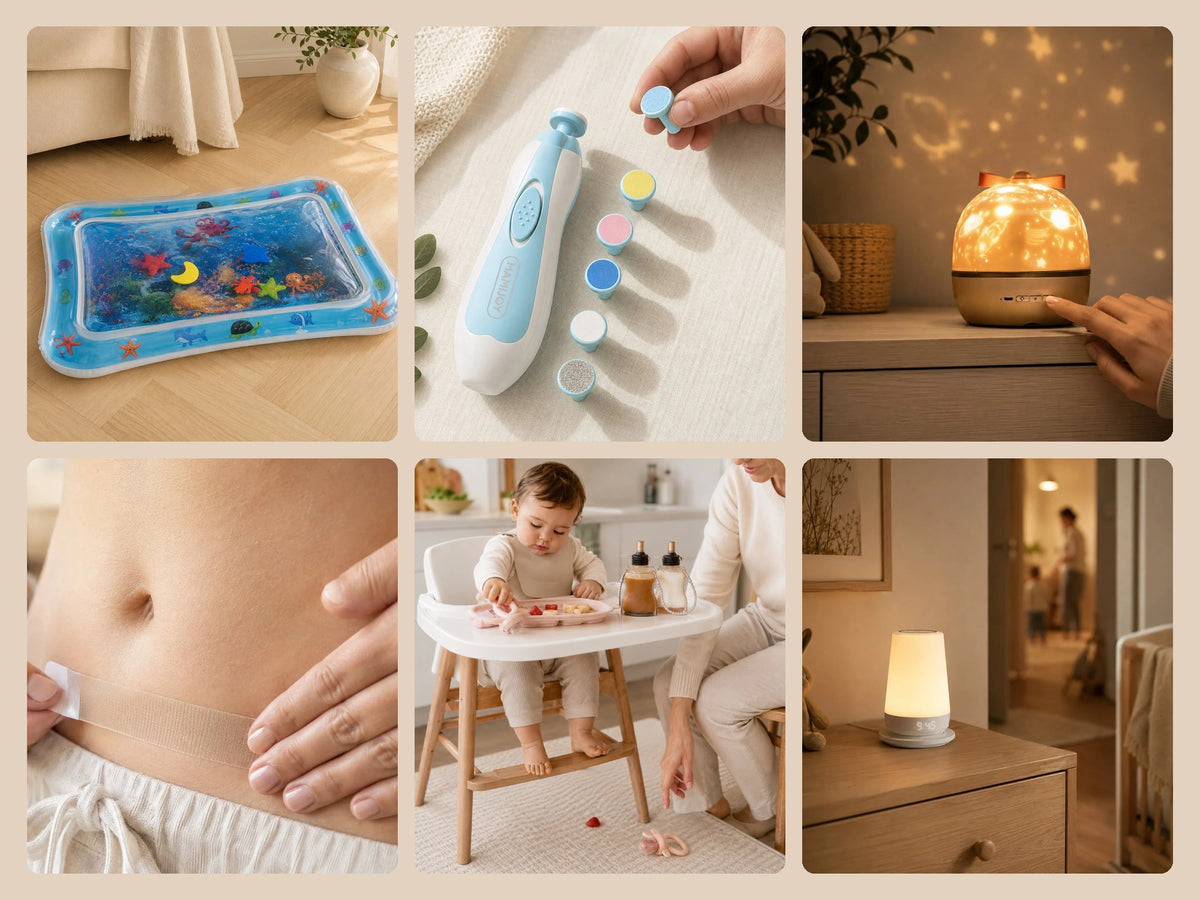 Composition en grille des six produits phares BestMomShop sur fond beige clair