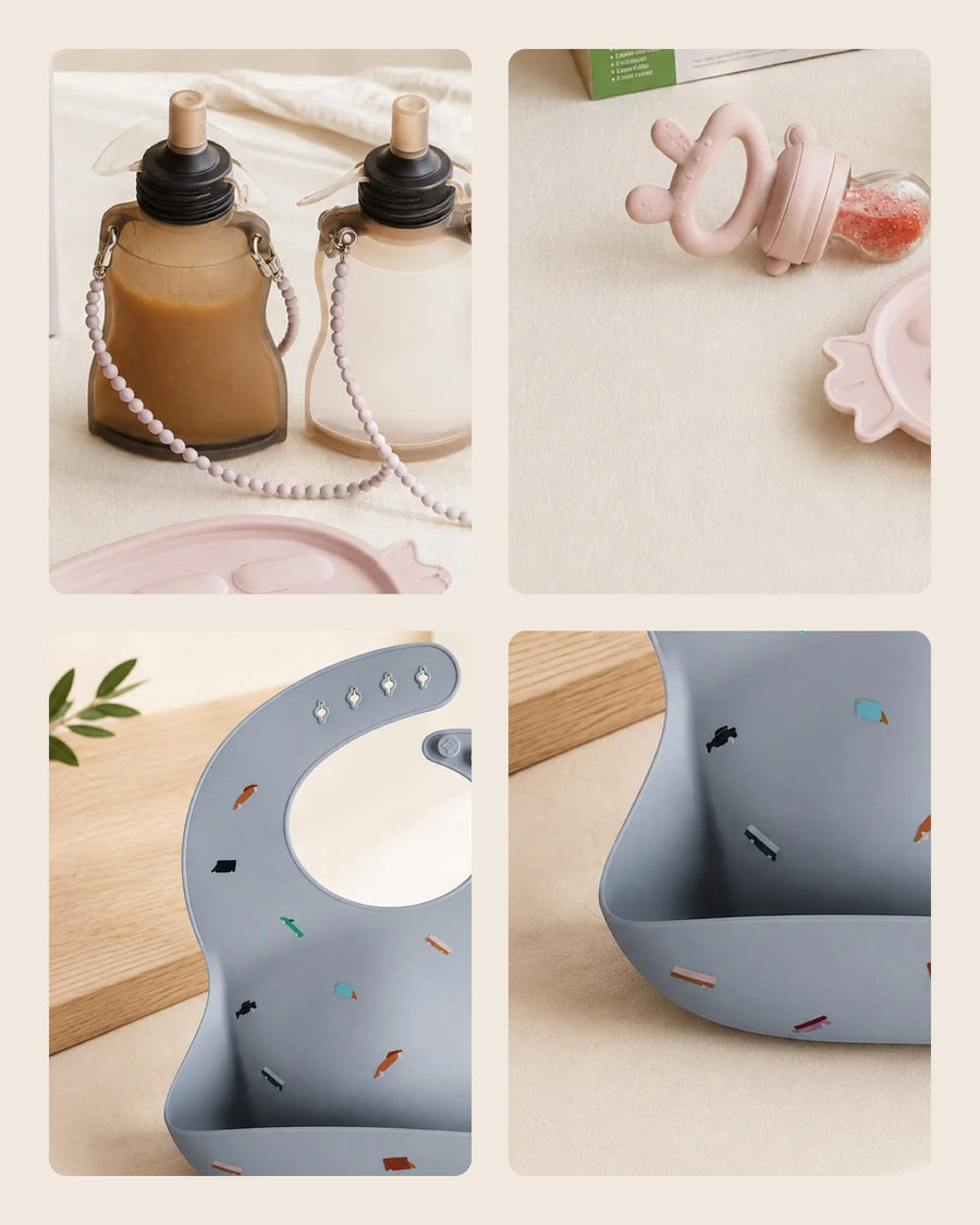 Le set repas Haakaa et le bavoir silicone à poche présentés à plat