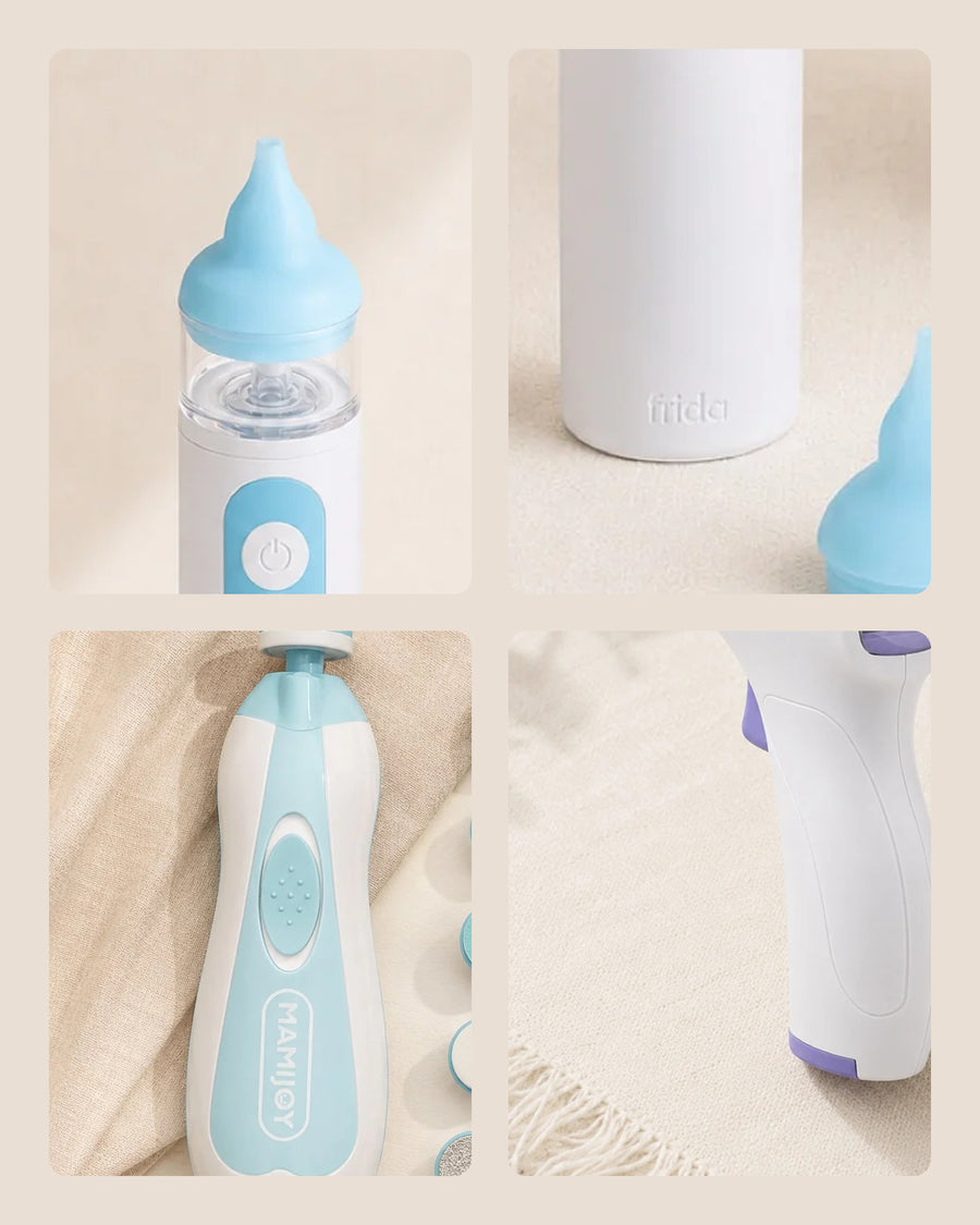 Les trois appareils du kit soin bébé : mouche-bébé électrique, coupe-ongles et thermomètre frontal