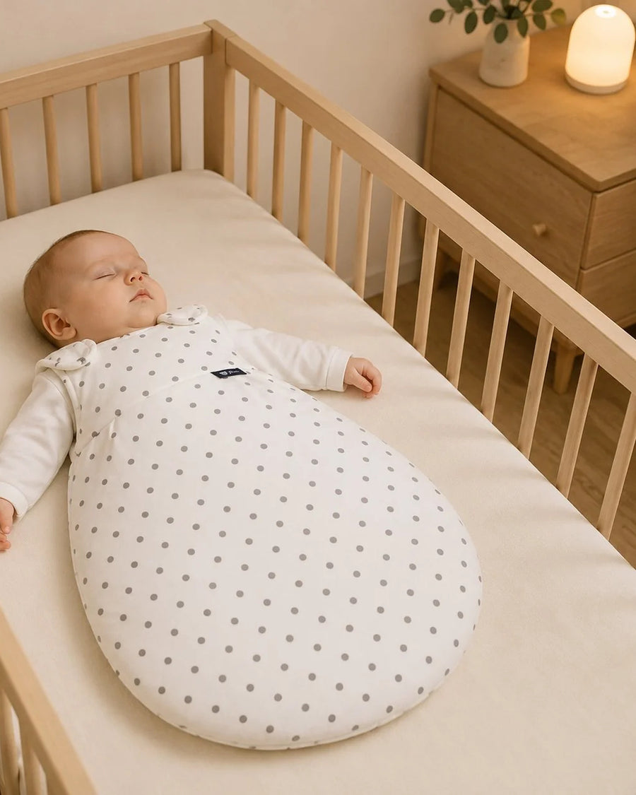 Bébé endormi en gigoteuse dans son lit, veilleuse allumée sur la commode
