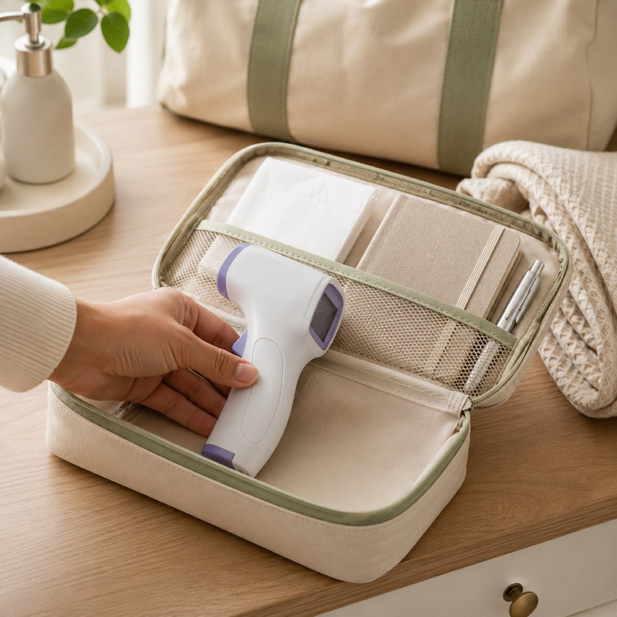 Le thermomètre rangé dans la trousse de santé familiale, prêt à l'emploi