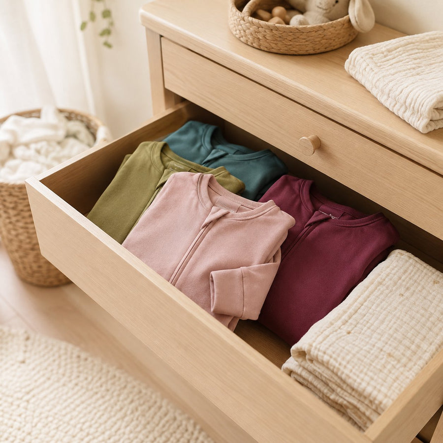 Les quatre coloris du pyjama bébé à fermeture magnétique pliés dans un tiroir : vert olive, vert canard, rose poudré et bordeaux