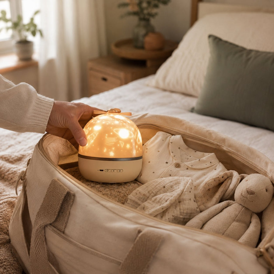 Veilleuse projecteur d'étoiles rangée dans un sac de voyage avec les affaires de bébé, format nomade