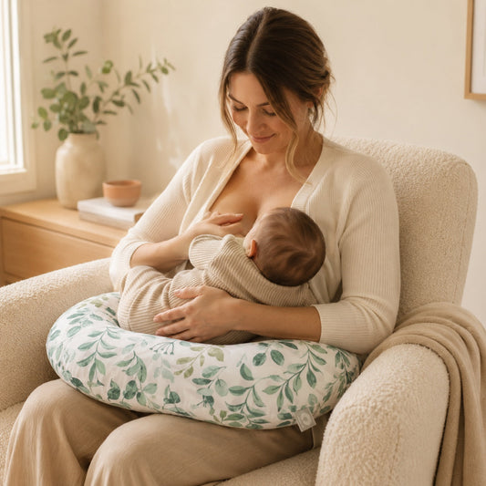 Maman installée dans un fauteuil pendant la tétée, bébé posé sur un coussin d'allaitement en fer à cheval