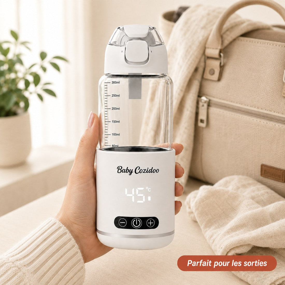 Chauffe-biberon sans fil tenu en main devant un sac à langer, écran de température allumé