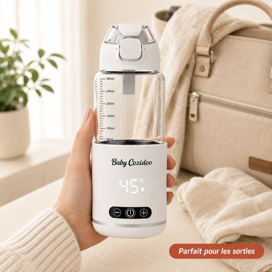Chauffe-biberon sans fil tenu en main devant un sac à langer, écran de température allumé