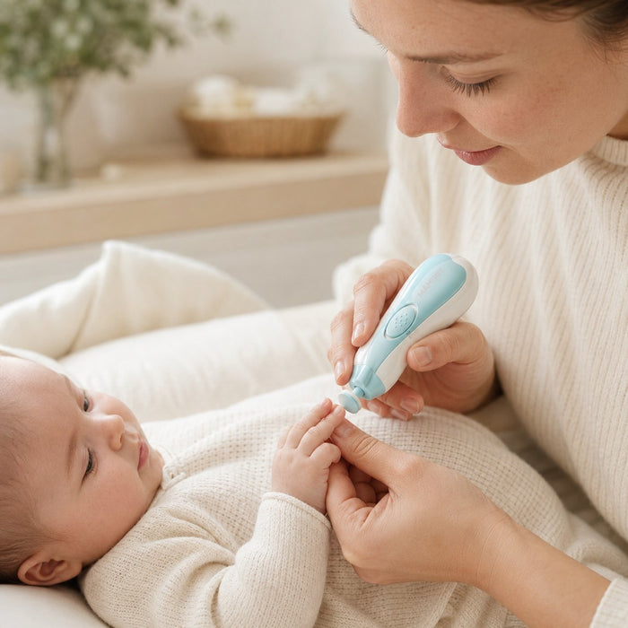 Maman qui lime délicatement l'ongle de son bébé avec un coupe-ongles électrique