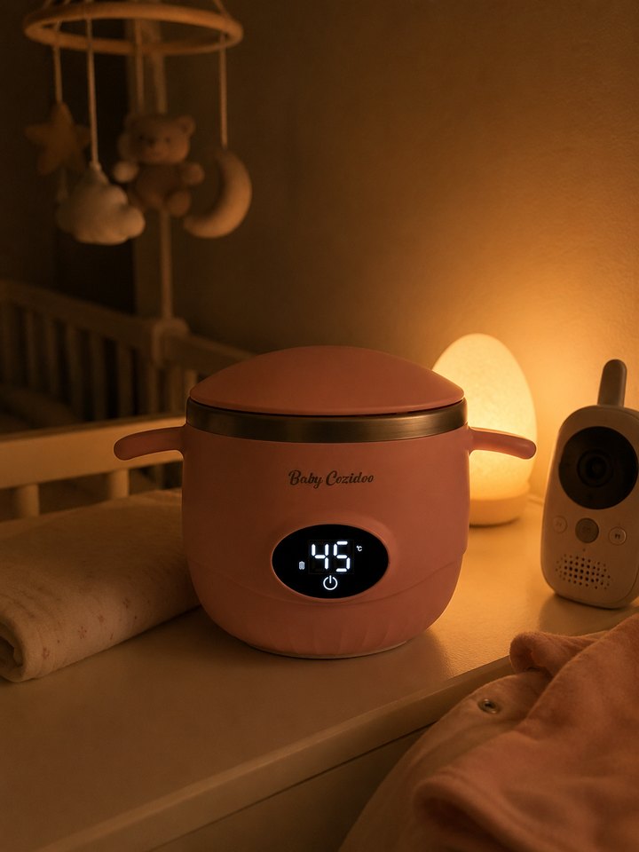 Parents dans la chambre de bébé, veilleuse allumée près du lit à barreaux