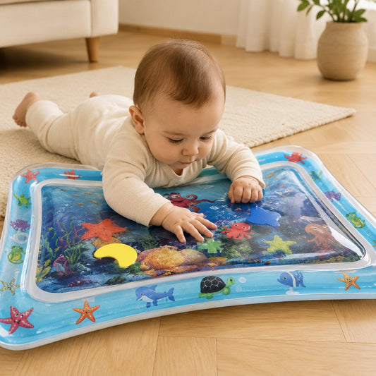 Bébé installé sur le ventre sur un tapis d'eau gonflable dans un salon