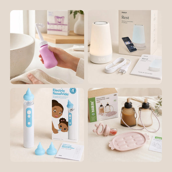 Bundles & kits : kit sommeil Hatch Rest, kit soin bébé NoseFrida et kit repas silicone DME Haakaa