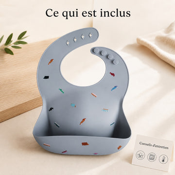 Bavoir en silicone à poche anti-taches avec sa notice d'entretien