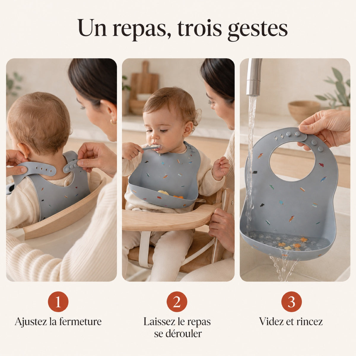 Un repas en trois gestes : ajustez la fermeture, laissez le repas se dérouler, videz et rincez