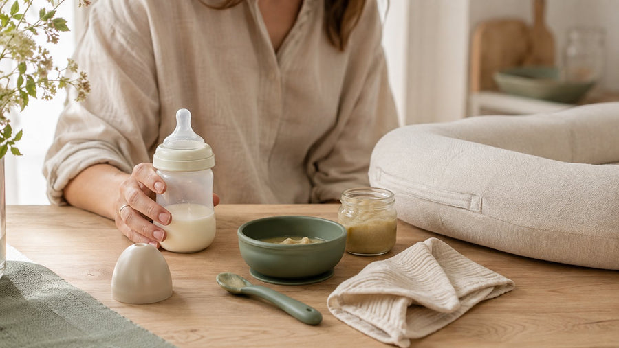 Maman prépare un biberon et un petit pot de purée sur une table en bois, univers repas et allaitement bébé