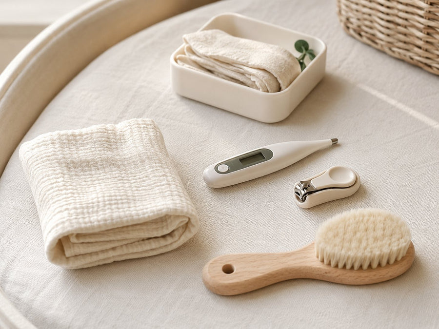 Thermomètre, coupe-ongles, brosse douce et langes en coton alignés sur une table à langer, soin et santé de bébé