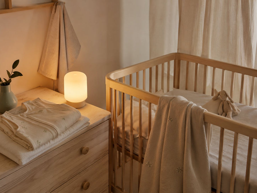 Veilleuse allumée sur une commode près d'un lit à barreaux, chambre de bébé au moment du coucher