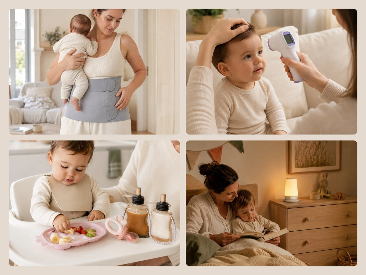 Les trois kits BestMomShop en situation : soin de bébé, repas DME et sommeil