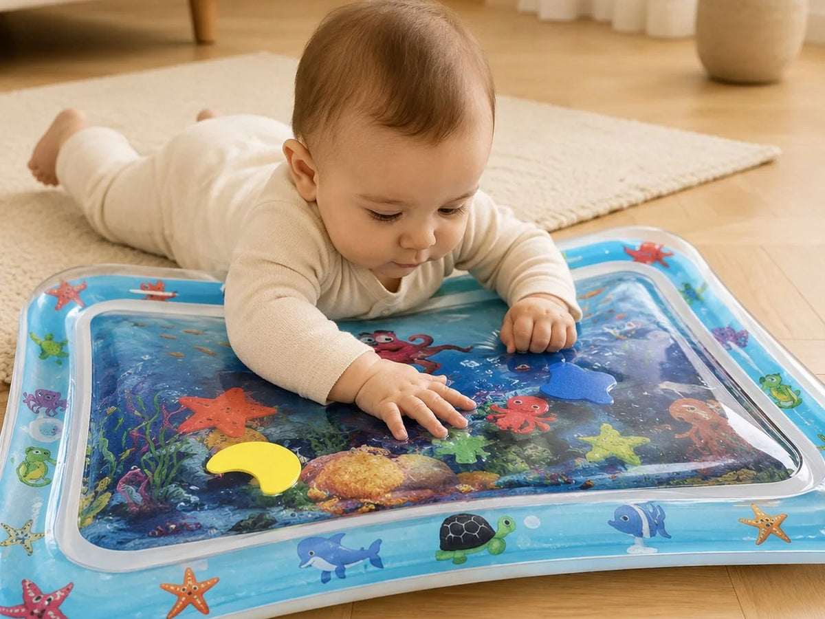 Bébé sur le ventre devant son tapis d'eau gonflable coloré, posé sur un tapis de salon clair