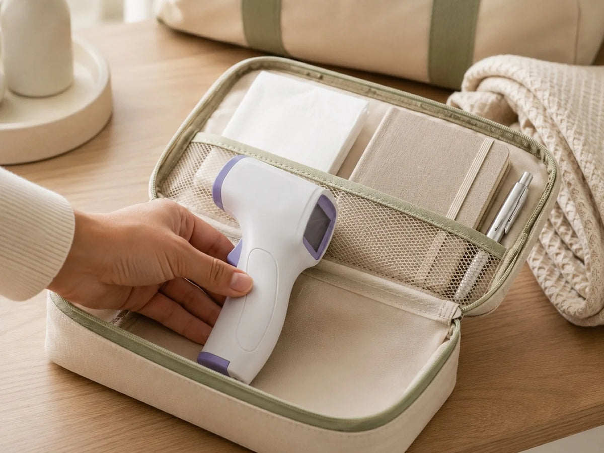 Trousse de soin ouverte sur une commode en bois clair, thermomètre frontal sans contact rangé dans son compartiment