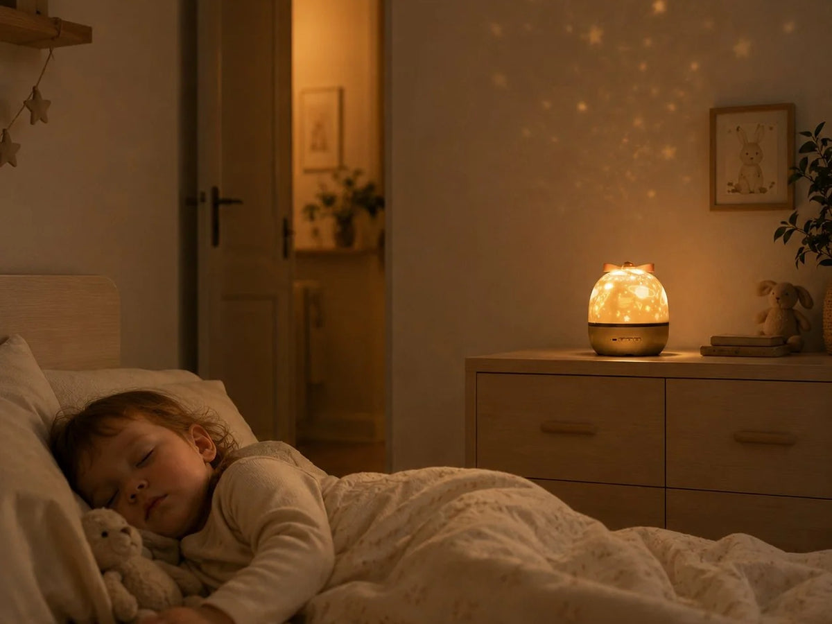Chambre d'enfant dans la pénombre, veilleuse projecteur allumée en teinte ambrée sur la commode pendant que l'enfant dort