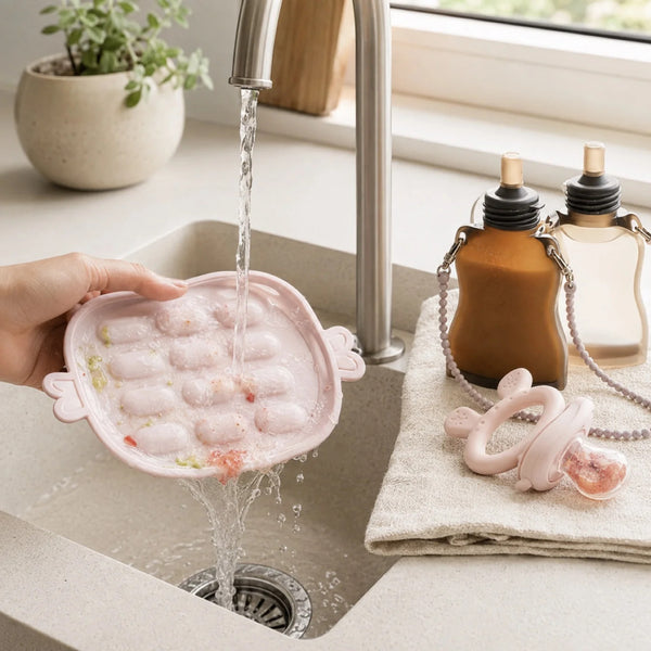 Assiette du set repas rincée sous le robinet, gourdes posées à sécher à côté