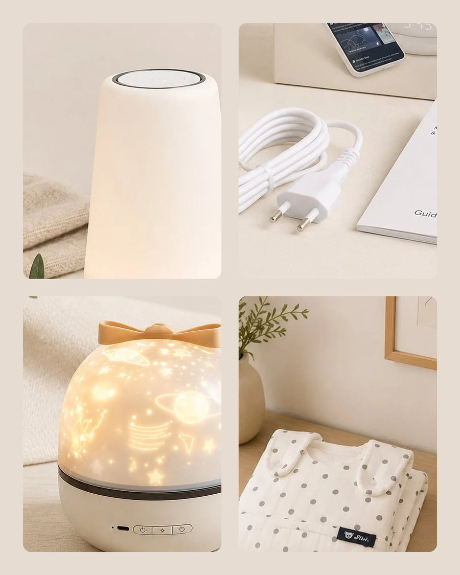 Les trois articles du kit sommeil : Hatch Rest, projecteur d'étoiles et gigoteuse pliée