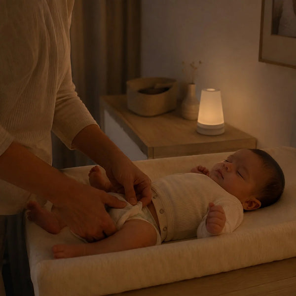 Parent au-dessus du plan à langer, veilleuse Hatch Rest allumée sur le meuble