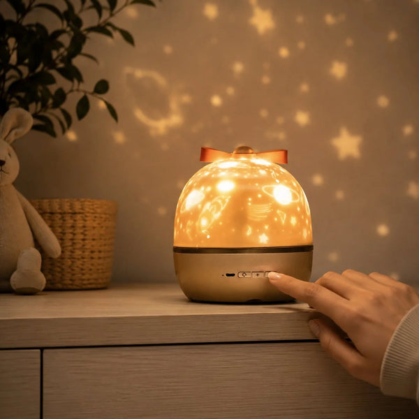 Doigts réglant le projecteur d'étoiles allumé dans une chambre tamisée