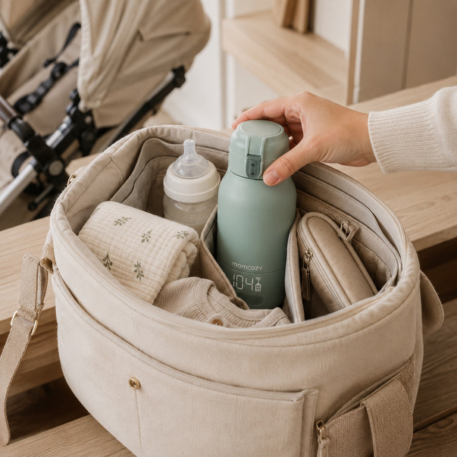 Le chauffe-biberon Momcozy tient dans le sac à langer déjà emporté