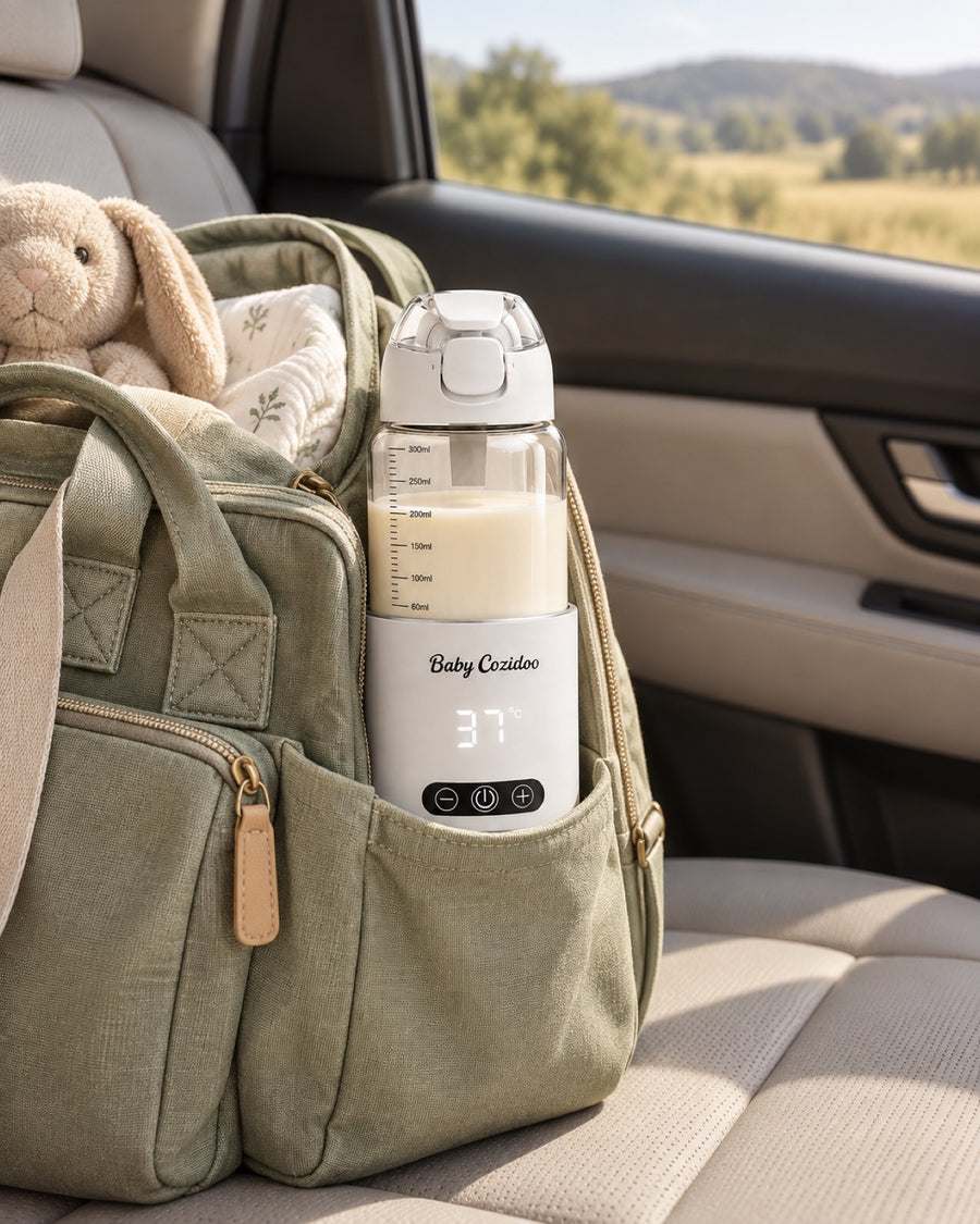 Chauffe-biberon nomade PRO3 glissé dans le sac à langer en voiture