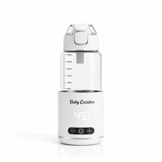 Chauffe-biberon sans fil bébé Babycozidoo PRO3 blanc, écran de température affichant 45 °C, biberon gradué jusqu'à 300 ml