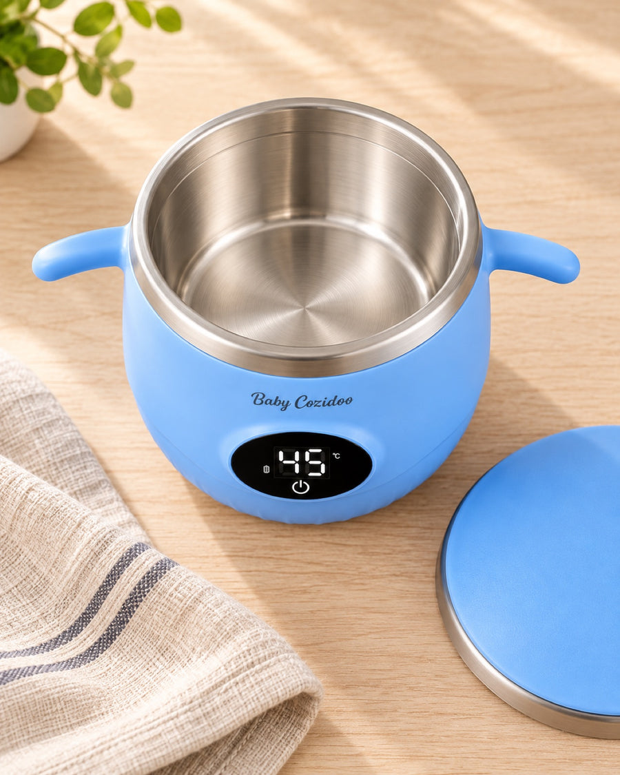 Cuve inox du chauffe-repas Babycozidoo, couvercle ouvert