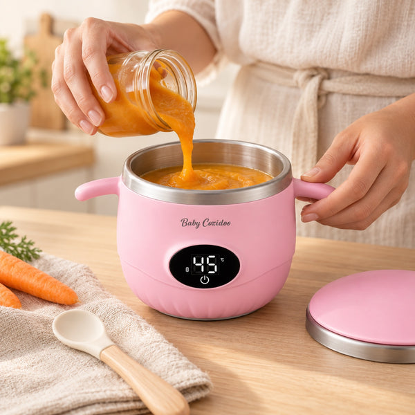 Étape 1 : verser la purée dans la cuve inox du chauffe-repas Babycozidoo