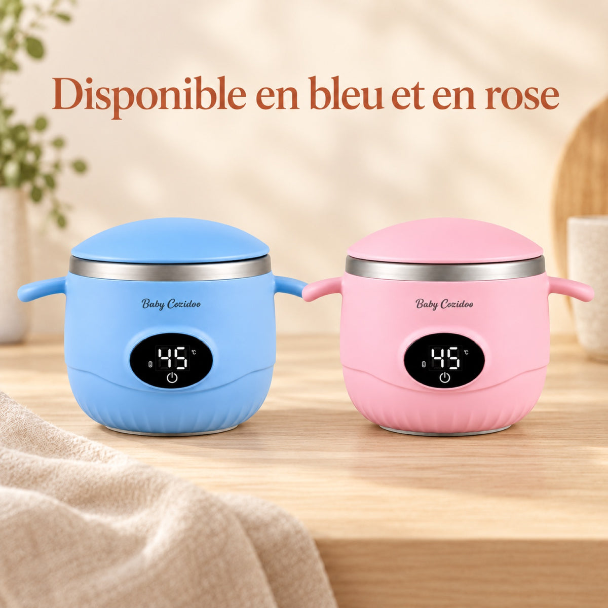 Le chauffe-repas bébé Babycozidoo existe en bleu et en rose