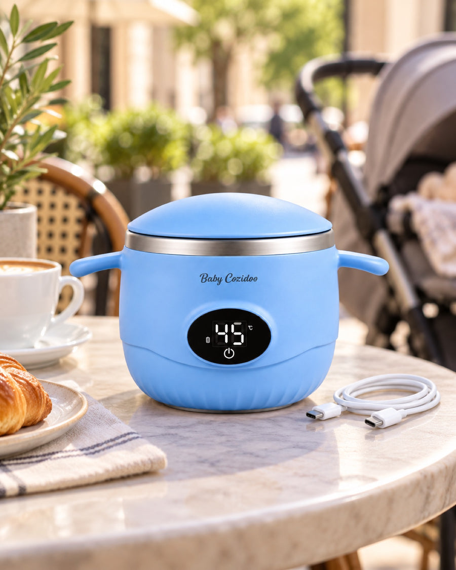 Chauffe-repas sans fil en terrasse avec son câble USB-C et la poussette