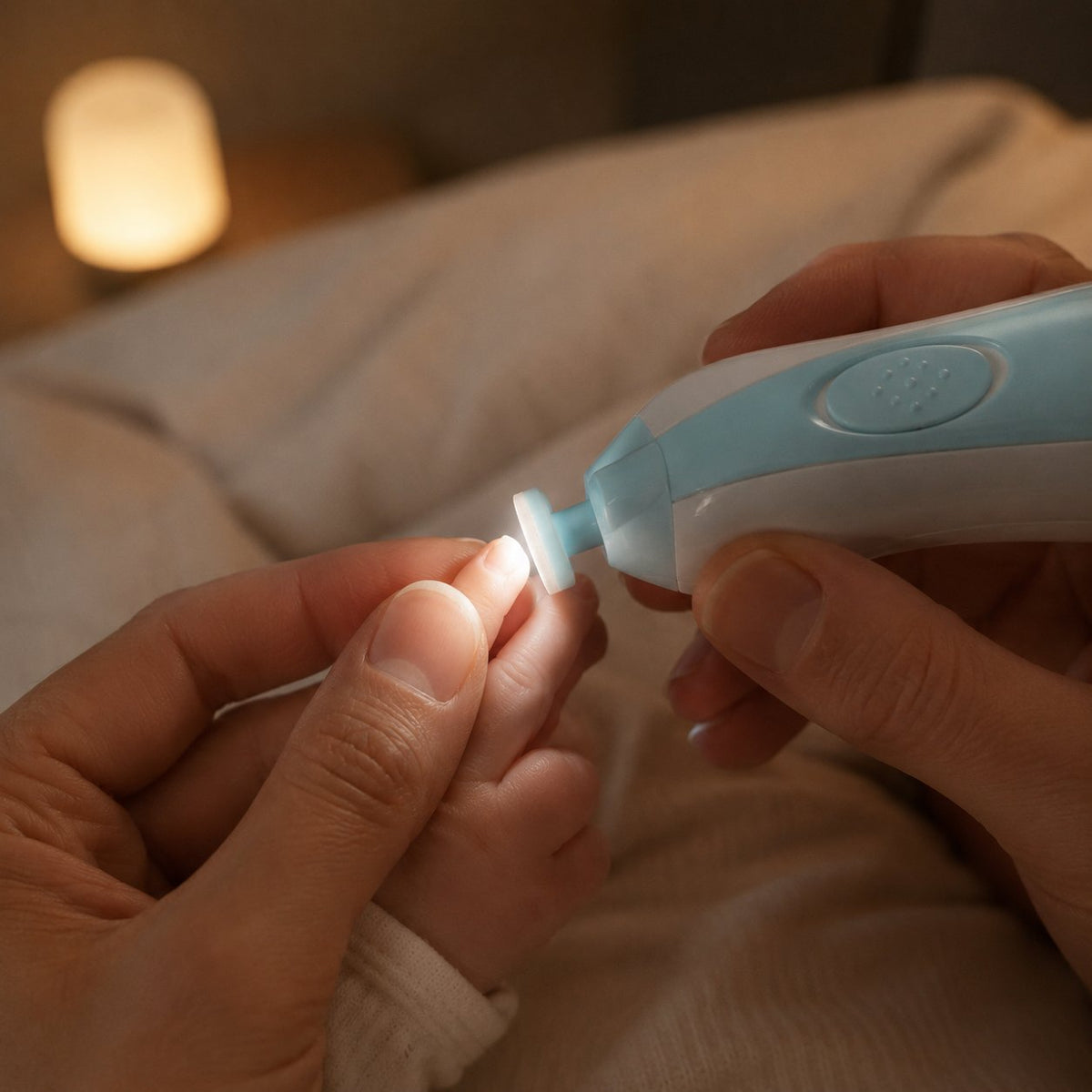 Le coupe-ongles électrique éclaire l'ongle de bébé grâce à sa lumière intégrée, pendant la sieste, veilleuse allumée
