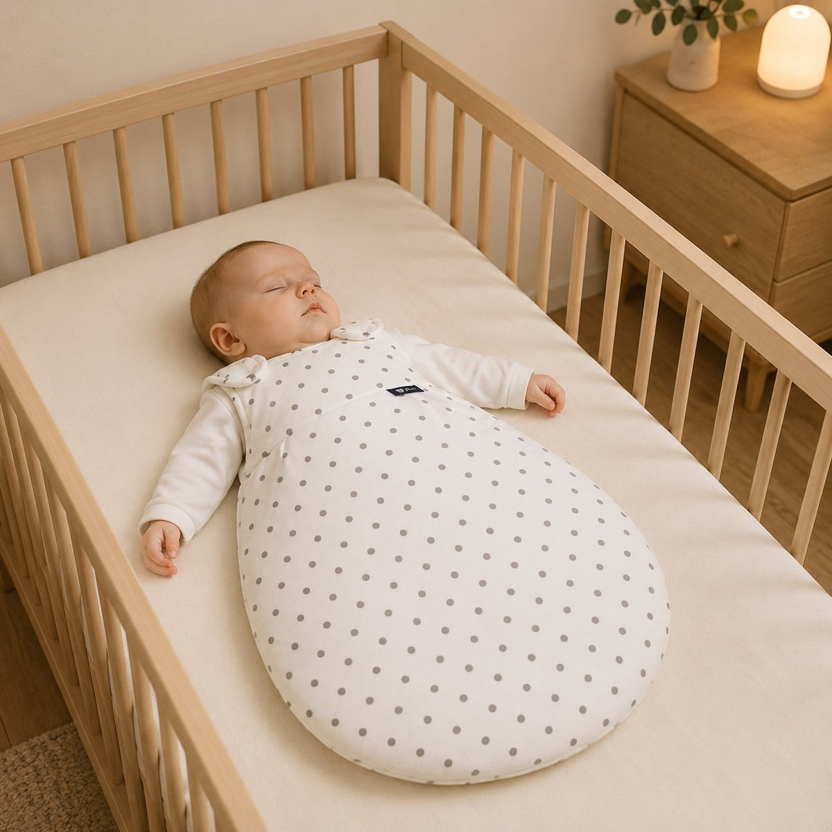 Bébé endormi dans son lit à barreaux, vêtu de la gigoteuse TOG à pois, veilleuse allumée sur la commode