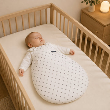 Bébé endormi dans son lit à barreaux, vêtu de la gigoteuse TOG à pois, veilleuse allumée sur la commode