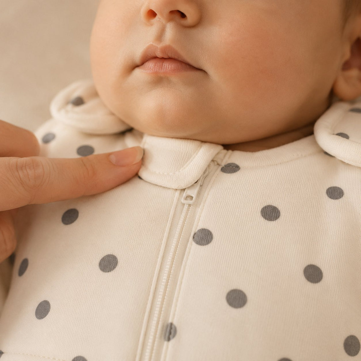 Gros plan sur la fermeture éclair de la gigoteuse et son rabat qui protège le menton de bébé