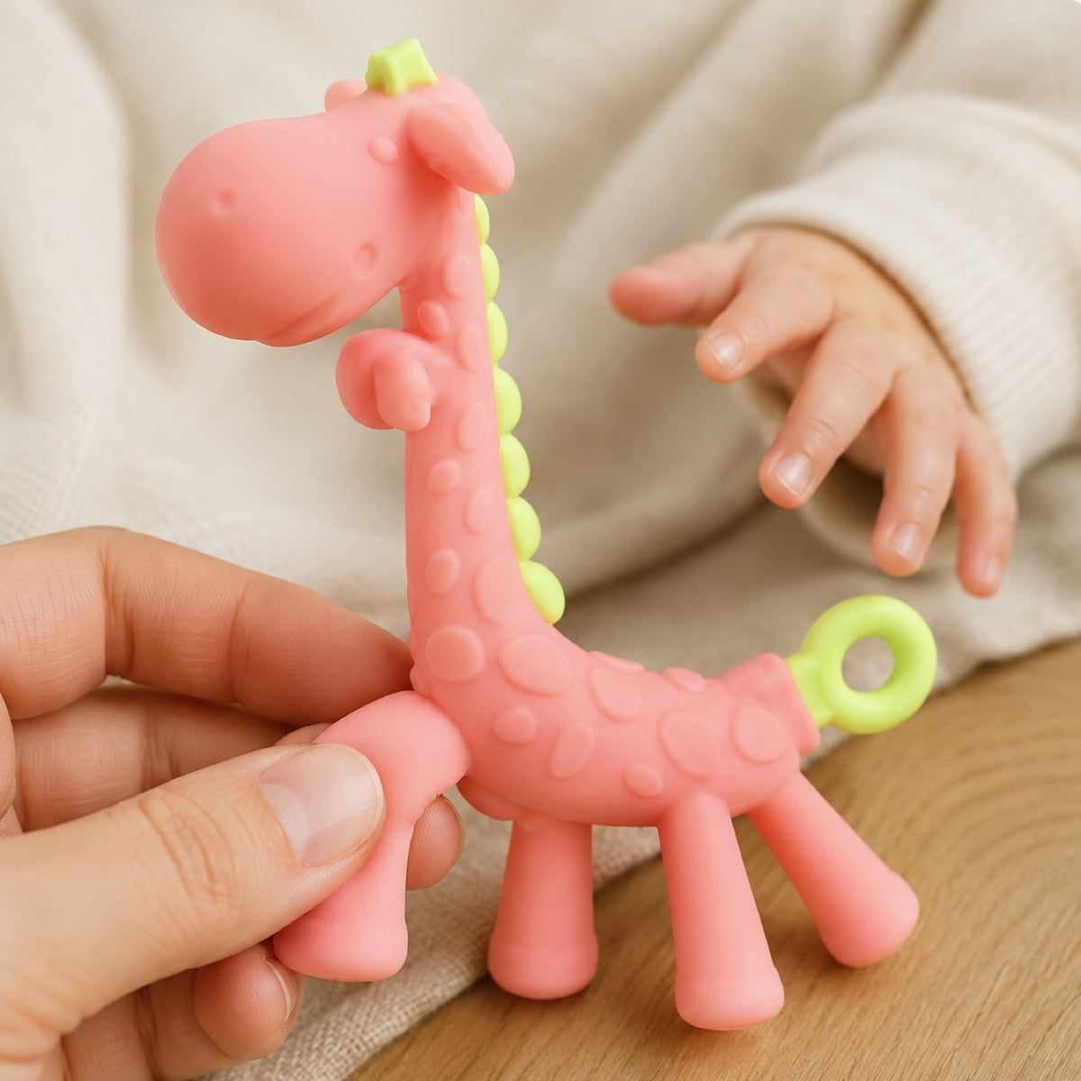 La girafe de dentition tenue par le cou, présentée à bébé
