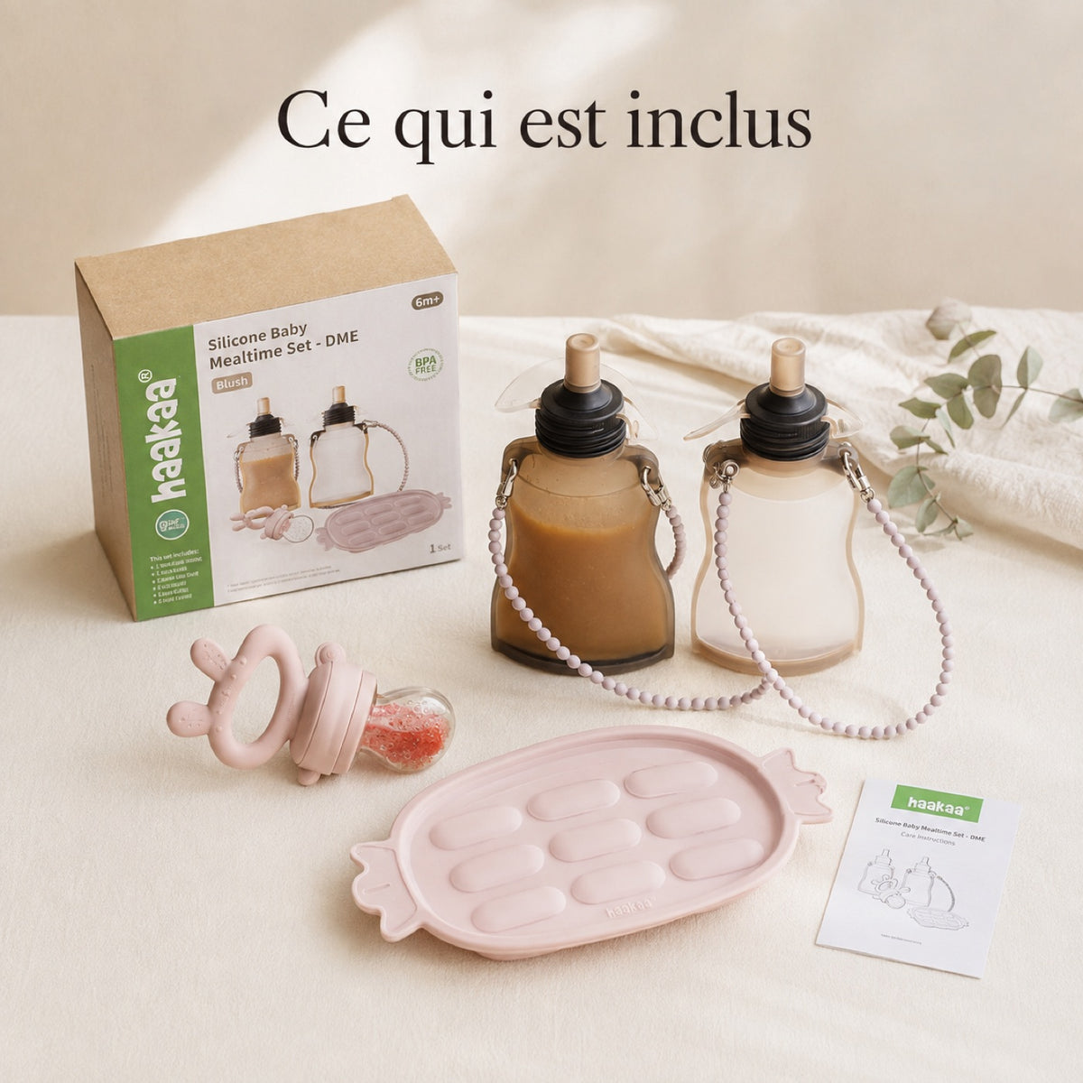 Set repas silicone Haakaa DME : contenu complet avec gourdes, grignoteuse et plateau