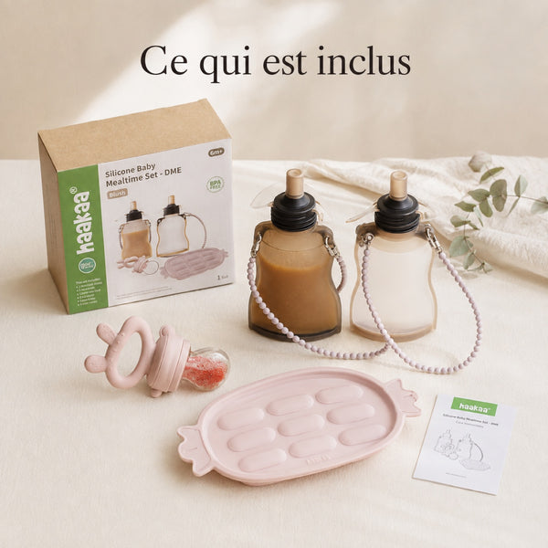 Set repas silicone Haakaa DME : contenu complet avec gourdes, grignoteuse et plateau