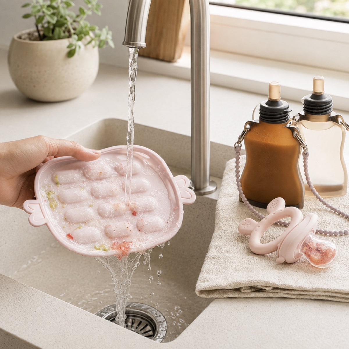 Plateau en silicone Haakaa rincé sous l'eau après le repas