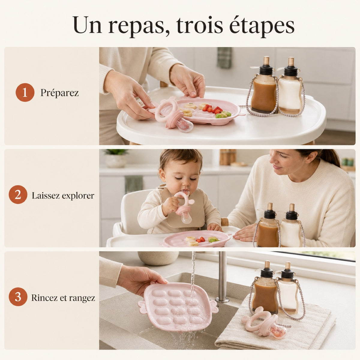 Un repas en trois étapes avec le set Haakaa : préparez, laissez explorer, rincez