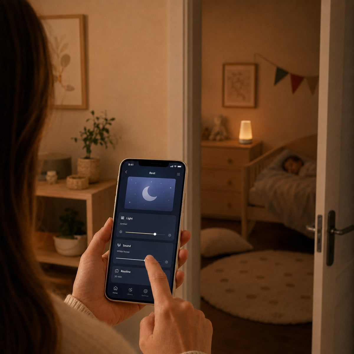 Réglage du Hatch Rest depuis l'application : choix de la lumière, du bruit blanc et de la durée de la routine