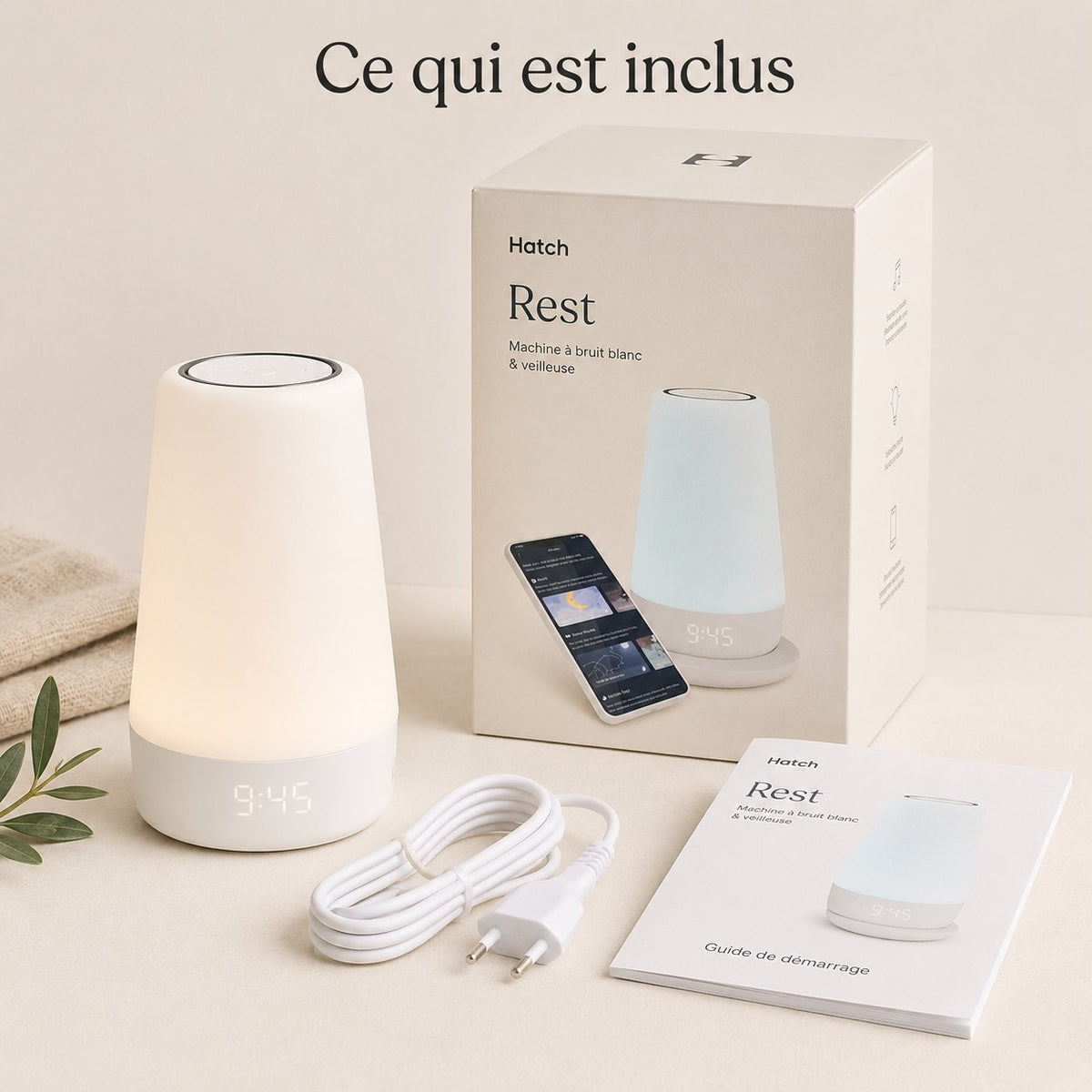 Contenu du coffret Hatch Rest : l'appareil, sa boîte, le câble d'alimentation et le guide de démarrage
