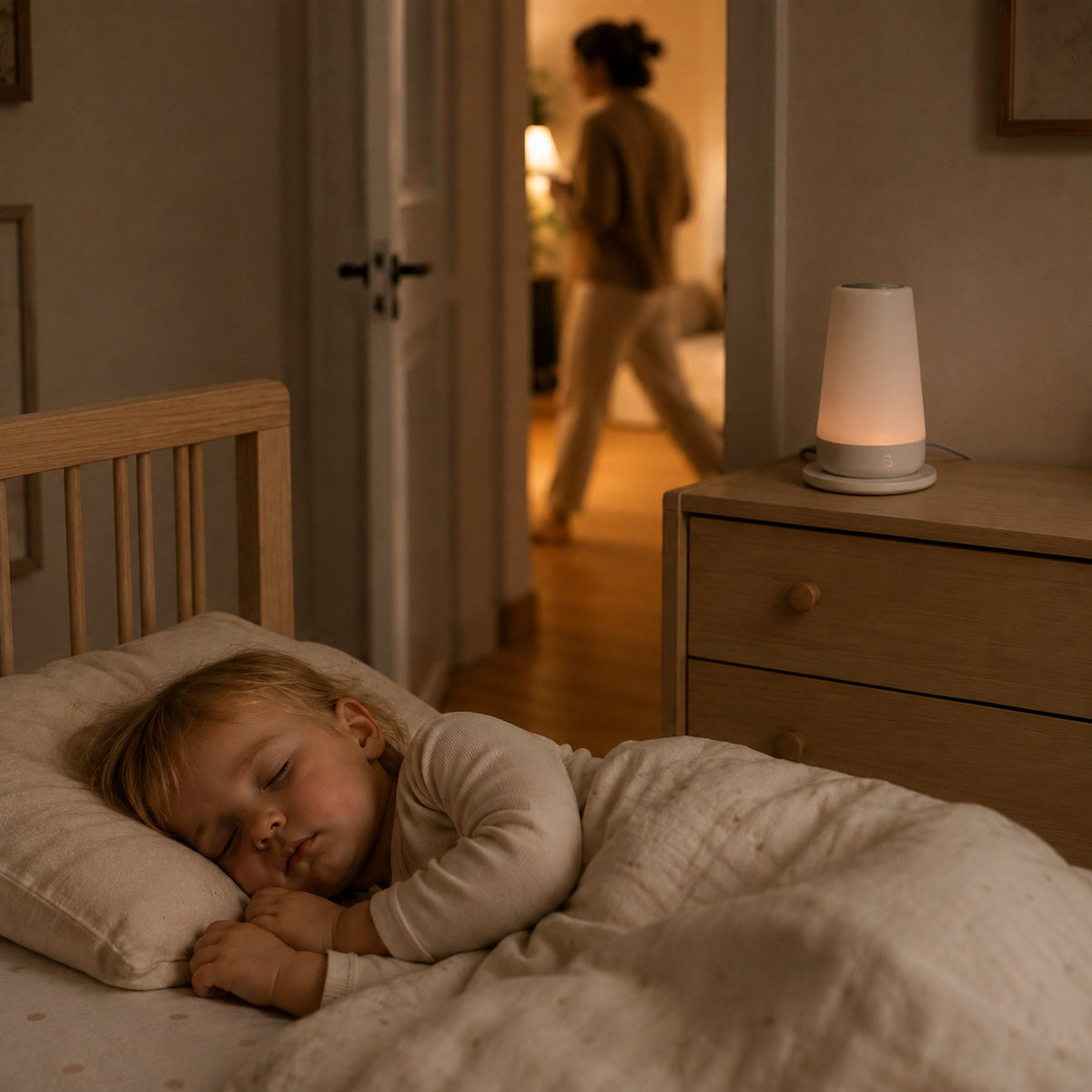 Enfant endormi dans son lit, le parent quitte la chambre pendant que le Hatch Rest continue le bruit blanc