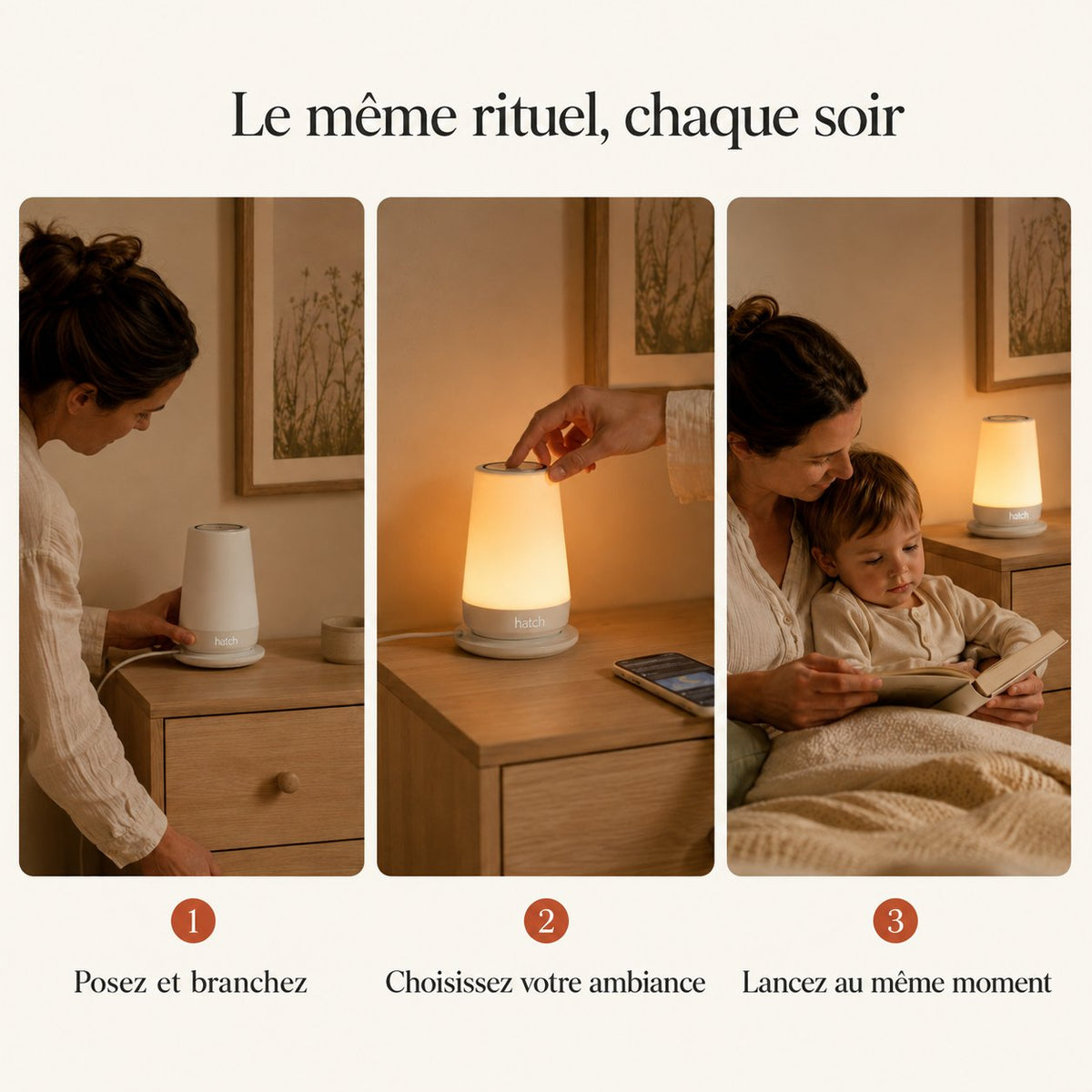Le rituel du soir en trois étapes : poser et brancher, choisir son ambiance, lancer toujours au même moment