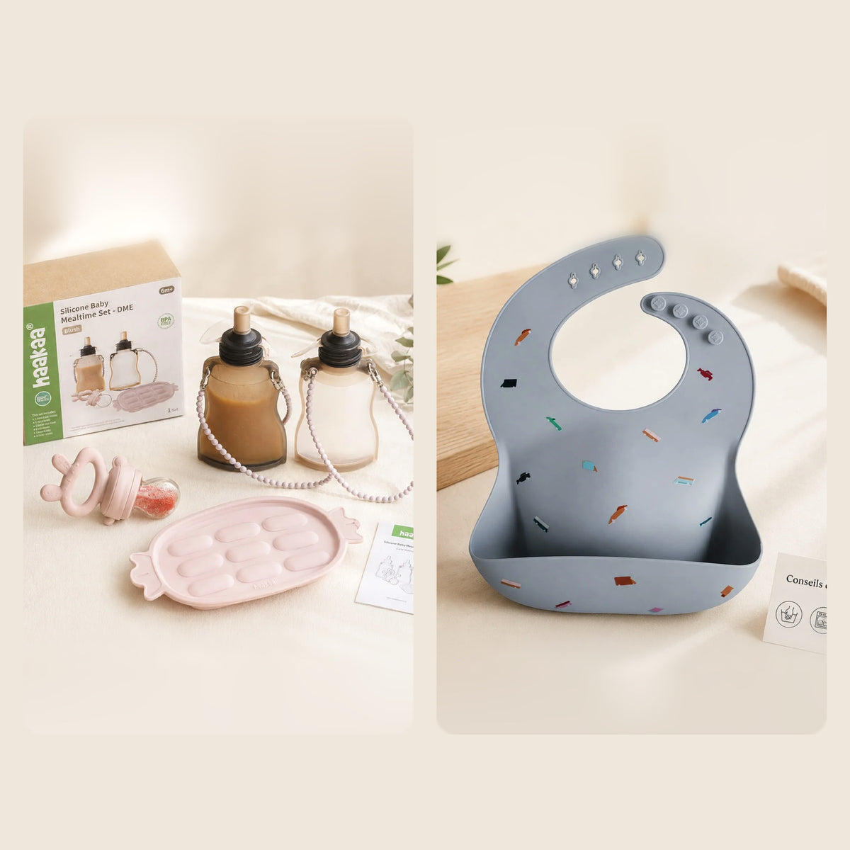 Kit Repas DME : set repas silicone Haakaa et bavoir silicone à poche anti-taches